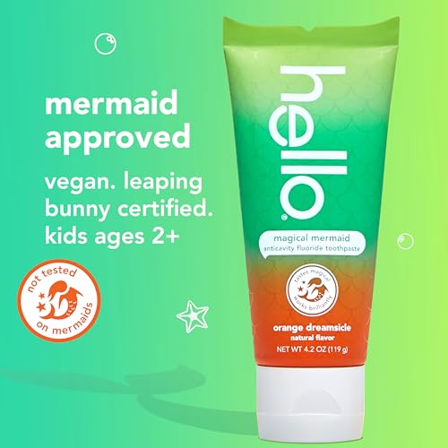 hello Magical Mermaid Kids Toothpaste with Fluoride, Orange Dreamsicle Flavor Toothpaste for Kids, Safe for Ages 2 and Up, Helps Prevent Cavities, Strengthen Enamel, Polish Teeth, 3 Pack, 4.2 Oz Each