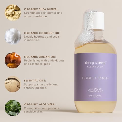 Deep Steep Bubble Bath, Lavender Chamomile, 17 oz – Soothing Soak with Shea Butter, Argan Oil, Aloe Vera & Coconut Oil – Vegan, Sulfate-Free, PH-Balanced Clean Beauty