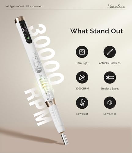 MelodySusie Portable Electric Nail Drill, Cordless 30000RPM Nail EFile with Drill Bits & Ultra Fine Sanding Bands for Manicure Pedicure, Professional Nail File Tool for Women, PM170F White