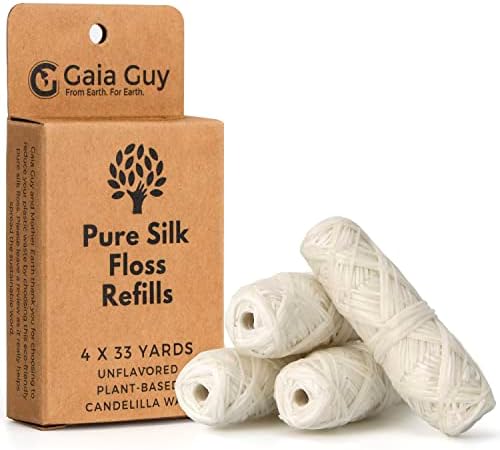 Gaia Guy Silk Dental Floss Refill | Unflavored Natural Silk | 4 spools x 33yds | Compostable, Sustainable & Biodegradable Silk Flossing Thread & Eco-Friendly Packaging