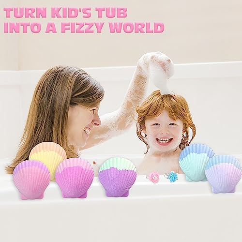 Mermaid Bath Bombs for Kids with Surprise Inside, 6 Pcs Shell Bubble Kids Bath Bombs Kit with Mermaid Toys, Birthday Christmas Jewelry Gifts for Girls Easter Basket Stuffer