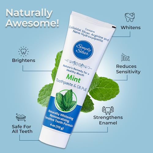 Simply Silver Toothpaste - Nano Hydroxyapatite & Colloidal Silver Natural Toothpaste & Oil Pull, Fluoride Free, Remineralizing & Sensitive Teeth New Formula, 4 oz (Mint)