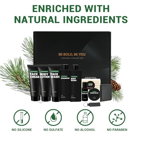 Rinse & Robust Men's Self-Care Gift Set, 10 Pcs Cedarwood Grooming Kit with Bath and Body Wash Gift Set, Beard Oil, Balm & Business Card Case, Unique Gifts for Him Father's Day, Birthday