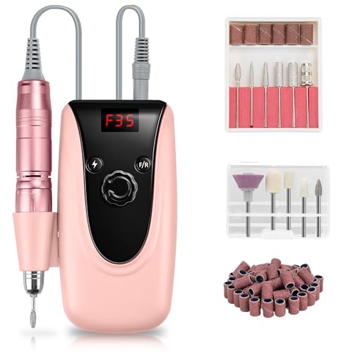 Rechargeable Professional Nail Drill Machine - Madenia 35000 RPM Portable Electric Nail File E File for Acrylic Gel Nails, Manicure Pedicure Polishing Tools with Display Screen, Pink