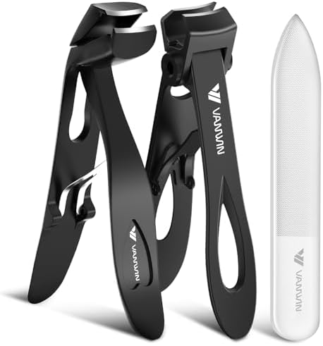 German Nail Clippers for Men, VANWIN Toenail Clippers for Thick Nails for Seniors with 16mm Wide Jaw, Ergonomic Heavy Duty Angled Head Toe Nail Clippers with Catcher Fingernail Clipper for Women Black