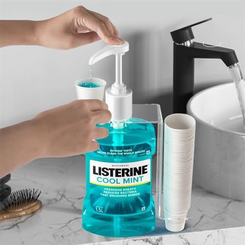 Practical Mouthwash Dispenser Specially Designed to Fit Only Listerine 1.5 or 1 L Bottles with Cups, Holder, and Pump.