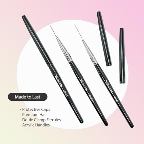 Striping Nail Art Brushes for Long Lines, Details, Fine Designs. 3 pcs Striper Brushes with Caps - AMAZING TRIO