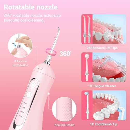 Cordless Water Dental Flosser Oral irrigator,JNGOODS 300ml Rechargeable Water flosser for Teeth IPX7 Waterproof 4 Modes Portable Oral Irrigator with 4 Jet Tips, Travel Home use (Pink)