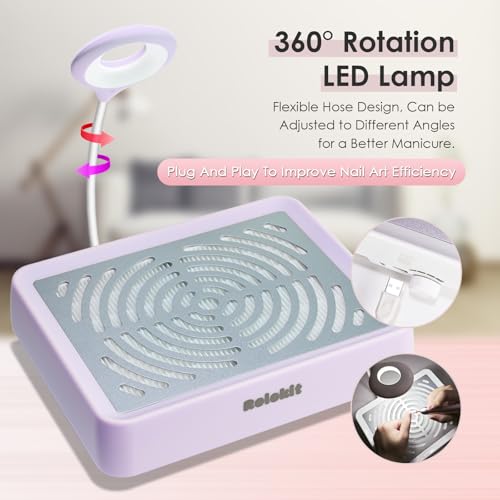 Nail Dust Collector with Lamp & 50pcs Disposable Filter & Dusting Brush, Electric Nail Vacuum Cleaner Dust Fan Suction Machine for Manicure Acrylic Gel Nails Polishing, Low Noise, Salon Home