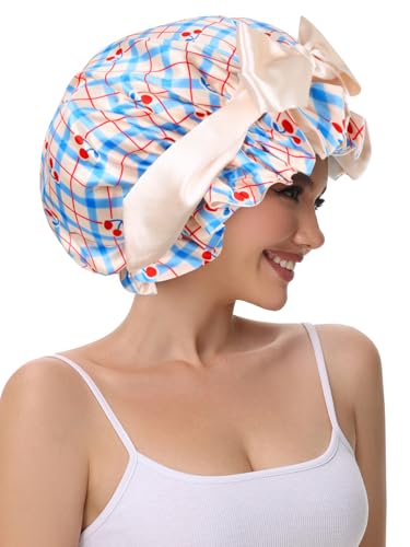 Cute Adjustable Silk Bonnet for Sleeping Double Layer Satin Cap Hair Sleep Bonnet for Curly Hair Cherry Blue