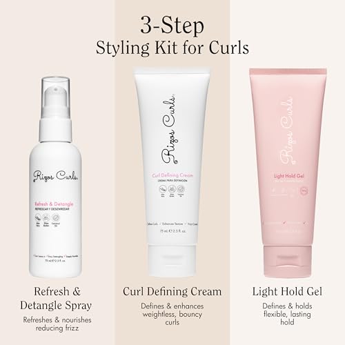 Rizos Curls 3-Step Styling Kit - Define, Style, Hold with Curl Defining Cream, Light Hold Gel & Refresh Spray Enhances Shine, Moisture & Frizz Control for All Curl Types Sulfate Paraben Free