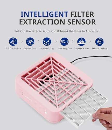 AIRSEE Nail Dust Collector,Compact Vacuum Fan Dust Collector for Salon & Home with Reusable Filter, Powerful Dust Suction Machine Manicure Pedicure Tool for Acrylic Nail Polishing, Pink