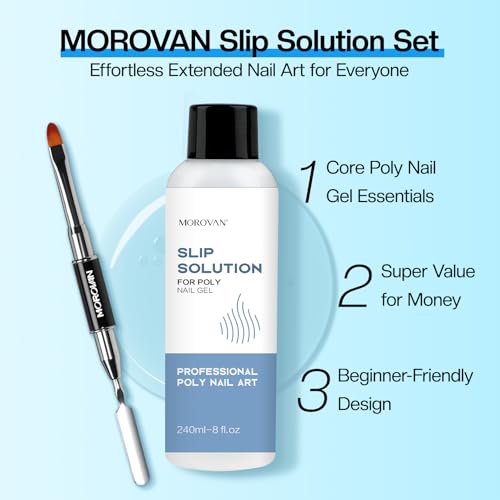 Morovan Slip Solution Poly Gel Big 8Oz 240ML Extension Nail Gel Slip Solution With Brush Anti-stick Gel Liquid Solution Bottle Cap as A Cup Poly Gel Solution Liquid Easy DIY Gel Solution at Home