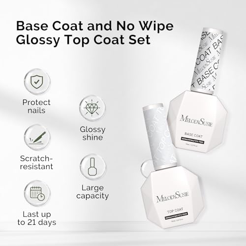 MelodySusie Hema Free Gel Polish Base and Top Coat Set, 2PCS 0.5 Fl Oz Long Lasting Soak Off UV No Wipe Glossy Top Coat and Base Coat for Nail Polish, Nail Art Design Manicure Kit Salon Home