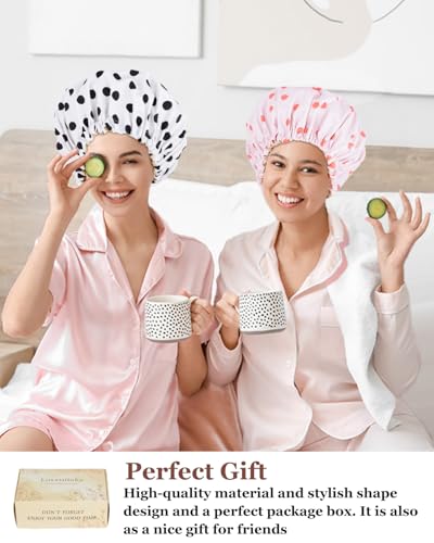 Shower Cap Large Shower Caps for Women Reusable Waterproof with Adjustable Band Double Layer Design Large Luxury Washable Bath Hair Bonnet (Pink Dot)