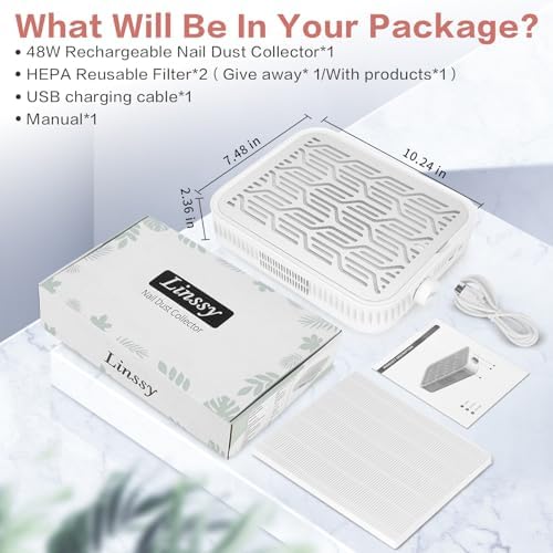 Nail Dust Collector, Rechargeable & Cordless Dust Collector for Nail Tech with Reusable HEPA Filter, Extractor Dust Suction Machine for Acrylic Nails Polishing at Nail Salon & Home Use