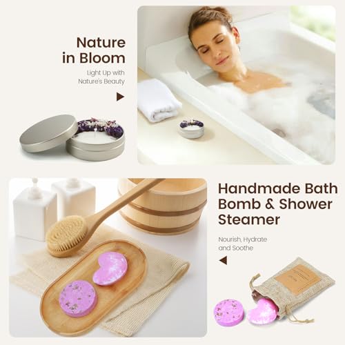 Bath Gift Set, Spa Gifts for Women, Self Care Products for Women, Lavender & Cream Soap Bar, Calm Pillow Mist, Bath Bomb & Shower Steamer, Body Butter and Lip Balm