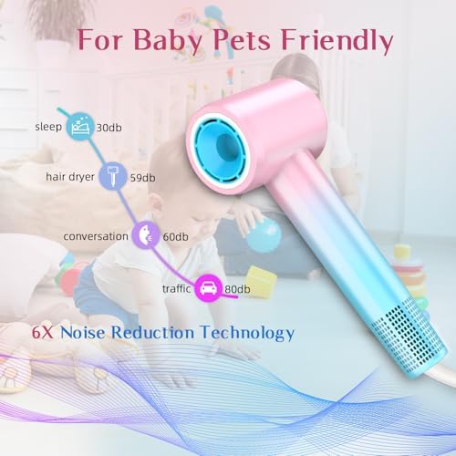 DORISILK Ionic Hair Dryer 110,000 RPM High Speed, Professional Blow Dryers for Salon Home Use, Portable Blowout Hair Dryers Lightweight with Nozzle Hot & Cold Selection Gift for Women Girl, Pink Blue