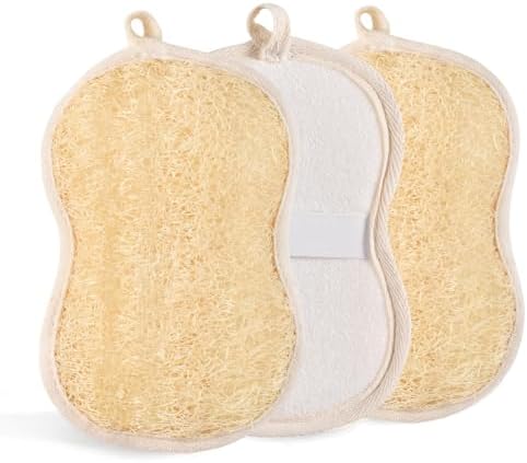 Natural Loofah Bath Sponges with Cotton Rope Exfoliating Body & Face Scrubber Reusable & Eco-Friendly,Soap Loofa Shape- Large 3PCS
