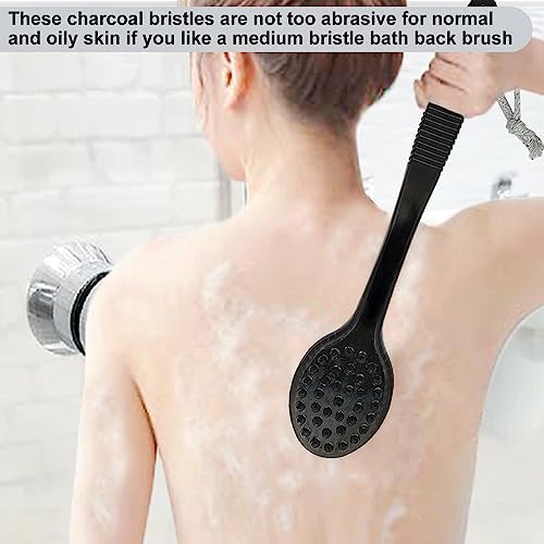 Back Bath Brush - Curved Long Handle Shower Brush with Medium Stiff Charcoal Bristles for Cleaning and Exfoliating Body, Back Scrubber for Men & Women (Black 2 Pack)