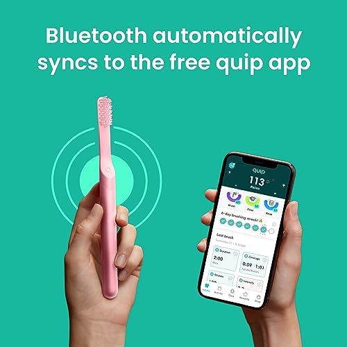 Quip Smart Sonic Toothbrush for Adults - Timed Electric Toothbrush with Bluetooth & Rewards App - Replaceable Brush Head, Soft Bristles, Metal Handle, 3 Month Battery Life - Travel Brush - All-Pink