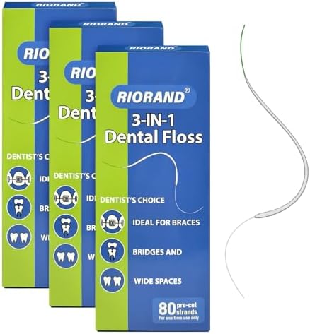 RioRand 3-in-1 Dental Floss for Braces - 80 Pre-Cut Strands with Floss Threaders | Orthodontic Floss for Effective Cleaning (Pack of 3)