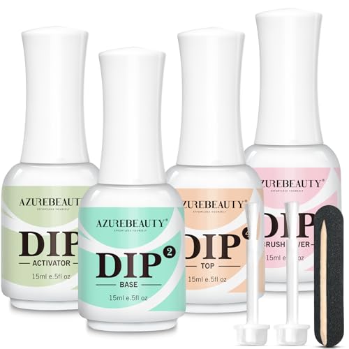 AZUREBEAUTY 4+4pc Dip Powder Liquid Set, 15ml/0.5oz, with Base/Top Coat, Activator, Brush Saver, Nail File– Fast Drying Formula, No UV Light Needed ﻿
