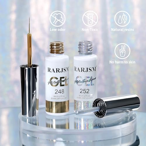 RARJSM Metallic Chrome Gel Liner Nail Art 3D Mirror Holographic Silver and Bronze Gold 2Pcs Set Gel Nail Polish 8ml Painting Build in Thin Brush Painted Drawing Striper GelPolish Curing Requires