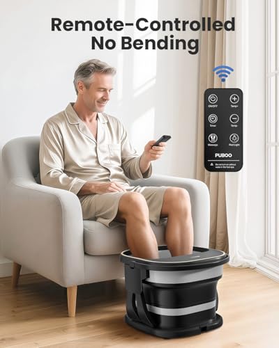 Puboo Collapsible Foot Spa Bath with Heat, Remote & Timer, 16 Massage Balls, Support Rods – Heated Pedicure Soaking Tub for Stress Relief, Great Gift for Family and Friends