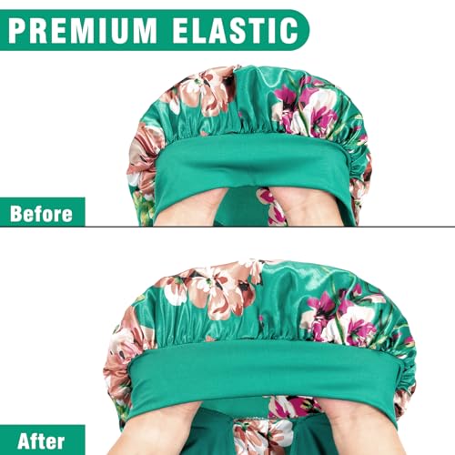 3Pcs Bonnets for Black Women Braid Bonnet, Large Long Satin Bonnet for Braids Sleeping, Black Women Satin Silk Bonnet (3Pcs-Black&Blue&Flower)