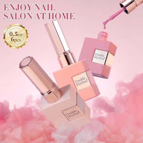 Double Rhythm 6 Pcs 15 ML Gel Polish Set Same Color Same Bottle Soak Off Gel Polish Kit Nail Art Manicure Salon DIY at Home for Women (Burgundy Red Nude Pink Purple Beige-T6-3)