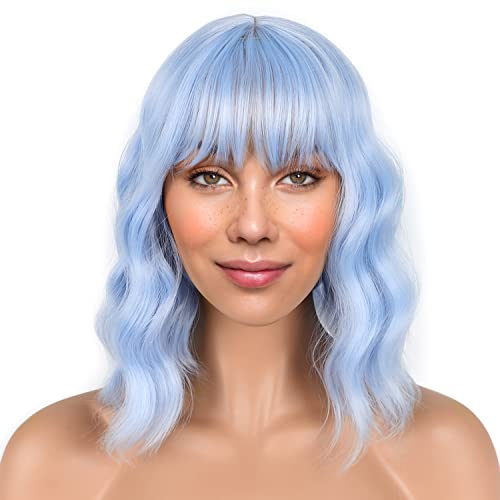 Light blue Short Bob Wigs with Bangs for Women Loose Wavy Hair Shoulder Length Wigs Synthetic Colorful Wigs for Cosplay Daily PartyUse(Light blue，12inch)