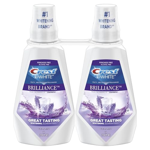 Crest Mouthwash/Mouth Rinse, 3D White Brilliance Whitening, Alcohol Free, Clean Mint, 2x1L (33.8 fl oz)