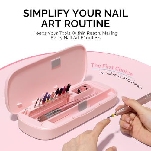 [2025 Upgraded]MelodySusie Acrylic Nail Tool Storage Box,Portable Dustproof Stand Displayer Holder Organizer Container Manicure Efile Accessories Nail Drill Kit Case,Travel Salon Home,Pink(Only Box)