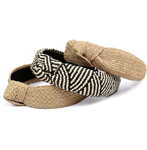 Knotted Headbands for Women Summer Trendy Straw Headband with Knot, 3PCS Women Boho Head Band for Beach Vacation Fashion Hair Accessories