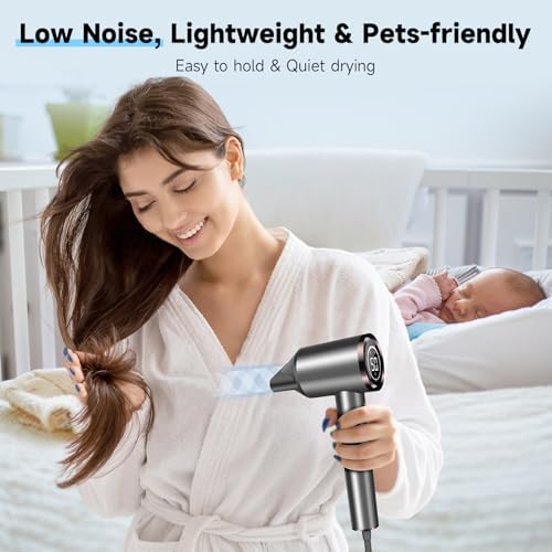 Hair Dryer, 150000RPM Professional High-Speed Negative Ionic Care Blow Dryer, Heat-Control, Fast Drying, Low Noise with Magnetic Diffuser and Nozzle, 4 Temps & 3 Speeds, HD Display Gray