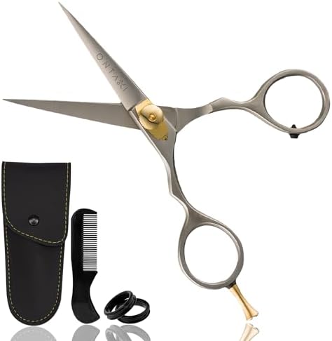 Ontaki Premium Hand-Forged Mustache & Beard Scissors 5.5" - Japanese Steel Barber Scissors - Bangs & Grooming Shears - Rest Hook Silver - Hair Shears - Beard Sheers