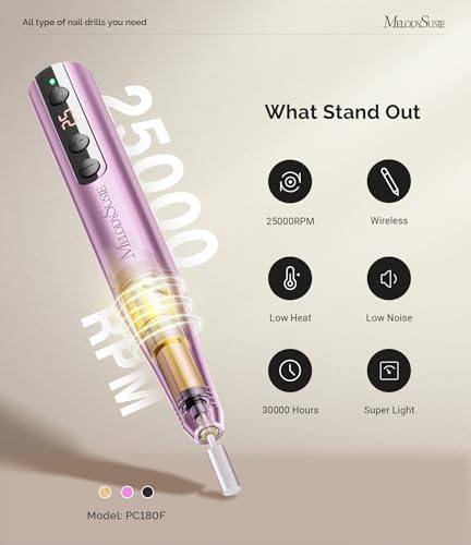 MelodySusie Cordless Electric Nail Drill, Portable Cordless Rechargeable Nail File Kit for Acrylic & Gel Nails, 25000RPM Professional Efile Set for Manicure Pedicure Polishing, PC180F Purple