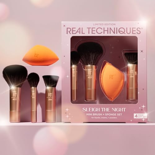 Real Techniques Sleigh The Night Mini Brush + Sponge 4 Piece Holiday Gift Set, Small Makeup Brushes For Travel, Makeup Sponge For Foundation & Concealer, Stocking Stuffer, Limited Edition, Latex-Free