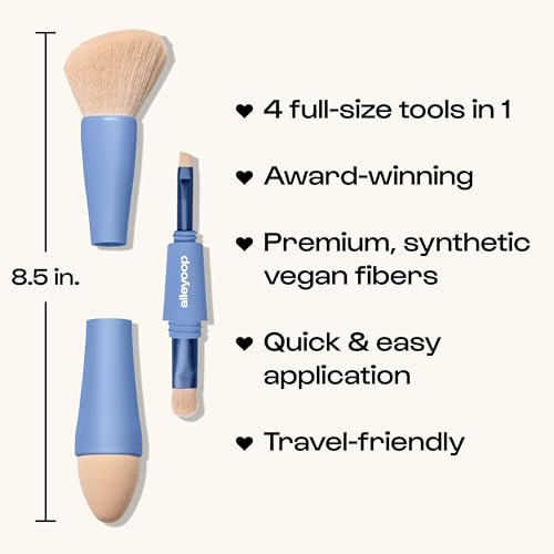 Alleyoop Multi-Tasker 4-in-1 Travel Makeup Brush Set – Compact Makeup Brushes with Blending Sponge, Eyeshadow, Eyebrow & Liner, Blush & Bronzer Brush – Mini Makeup Tools Kit for Women, Vegan