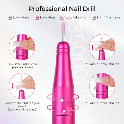 Lavinda Portable Nail Drill Professional, 35000 RPM Rechargeable, Electric Nail File Machine for Acrylic Nails, Gel Polishing, and Removing, Cordless Nail Drill for Salon and Home Use (Viva Magenta)