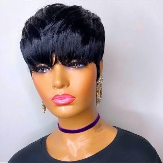 Pixie Cut Wig Human Hair Short Pixie Cut Wigs for Black Women Human Hair Glueless Pixie Wig Short Layered Brazilian Virgin Human Hair Wigs For Women Color 1B#