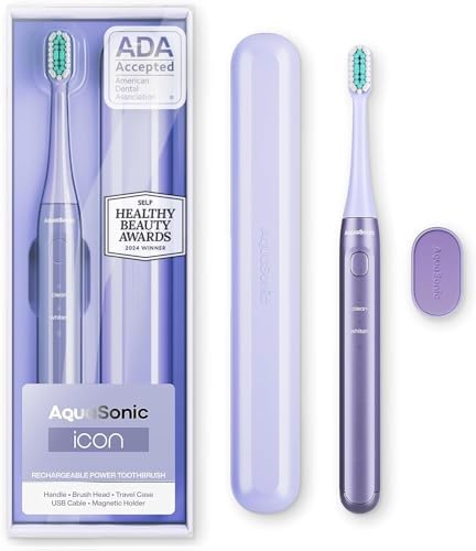 Aquasonic Icon ADA-Accepted Rechargeable Toothbrush | Magnetic Holder & Slim Travel Case | 2 Brushing Modes & Smart Timers | Gentle Micro-Vibrations (Lilac)