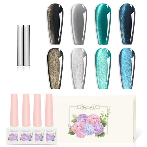 ADHERE 12ML Cat Eye Gel Nail Polish Set,4 Colors Holographic Glitter Cat Eye Gel Polish with Magnet UV LED Magnetic Gel Nail Polish Home DIY Manicure Nail Salon Kit
