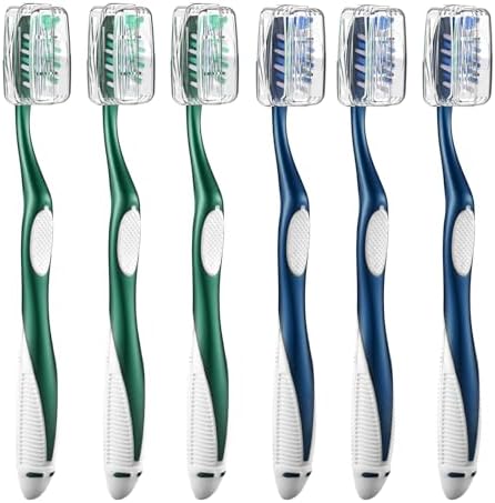 Firm Toothbrushes with Covers for Adults, Cross Hard Bristles, with Built in Tongue Scraper, 6 Count