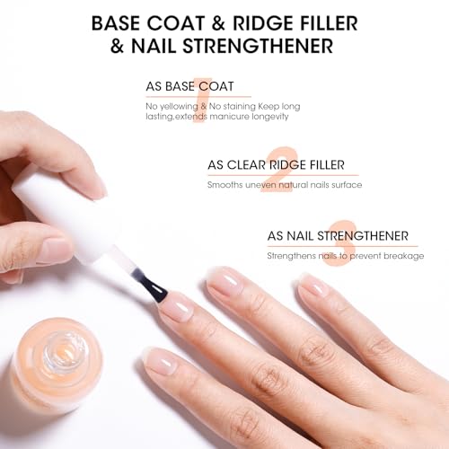 GELLEN Clear Nail Polish Ridge Filling Base Coat, Nail Strengthener Ridge Filler For Nails, Hydrates Strengthens Nourishes Damaged Dry Natural Nails, Shea Butter & Vitamin E & Protein Formula