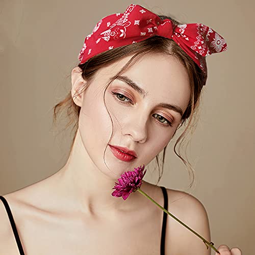 Paisley Print Wide Bow Headbands for Women Bandana Rabbit ear Elastic Hairband Cute Knot Headbands Hair Accessories (Style 1: (Red, white, Navy, black)