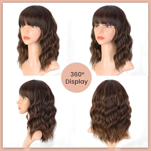 ENTRANCED STYLES Brown Highlight Wig with Bangs for Women Short Wavy Curly Brown Bob Wigs Medium Length 14 inch Synthetic Hair for Daily Party Use