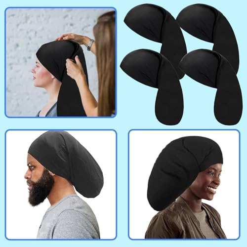 4 Pieces Unisex Jumbo Dreadlock Cap, Black Elastic Long Hair Bonnet Dreads Caps for Men Women, Loc Head Wraps Cap Hair Sleeve Full Cover Accessories, for Sleeping & Shower, 19 x 10 Inch