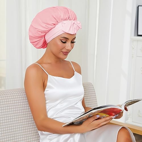 Silk Bonnet for Sleeping, Satin Hair Bonnets Large Sleep Cap for Women, Hair Wrap for Curly Hair Afros with Tie Band (Pink)*